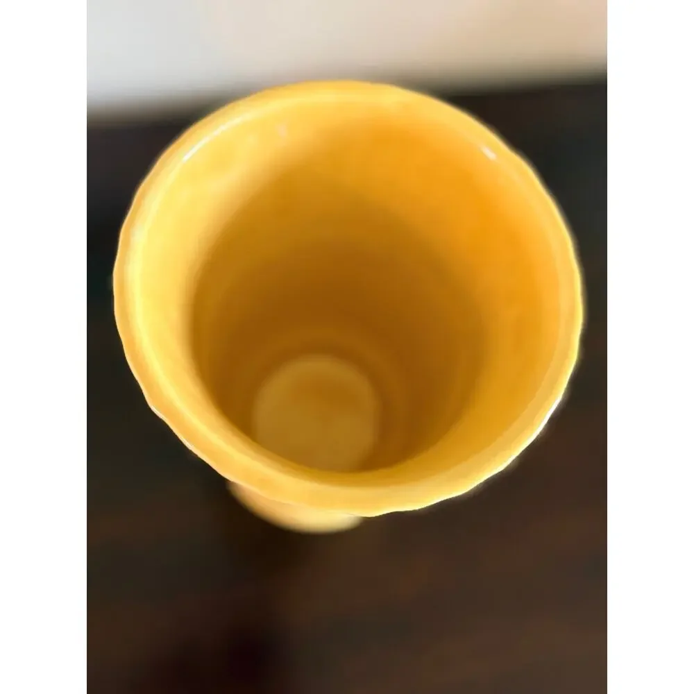 Vtg Yellow USA Pottery Vase Ribbed Fluted Art Deco Mid Century Ceramic Planter